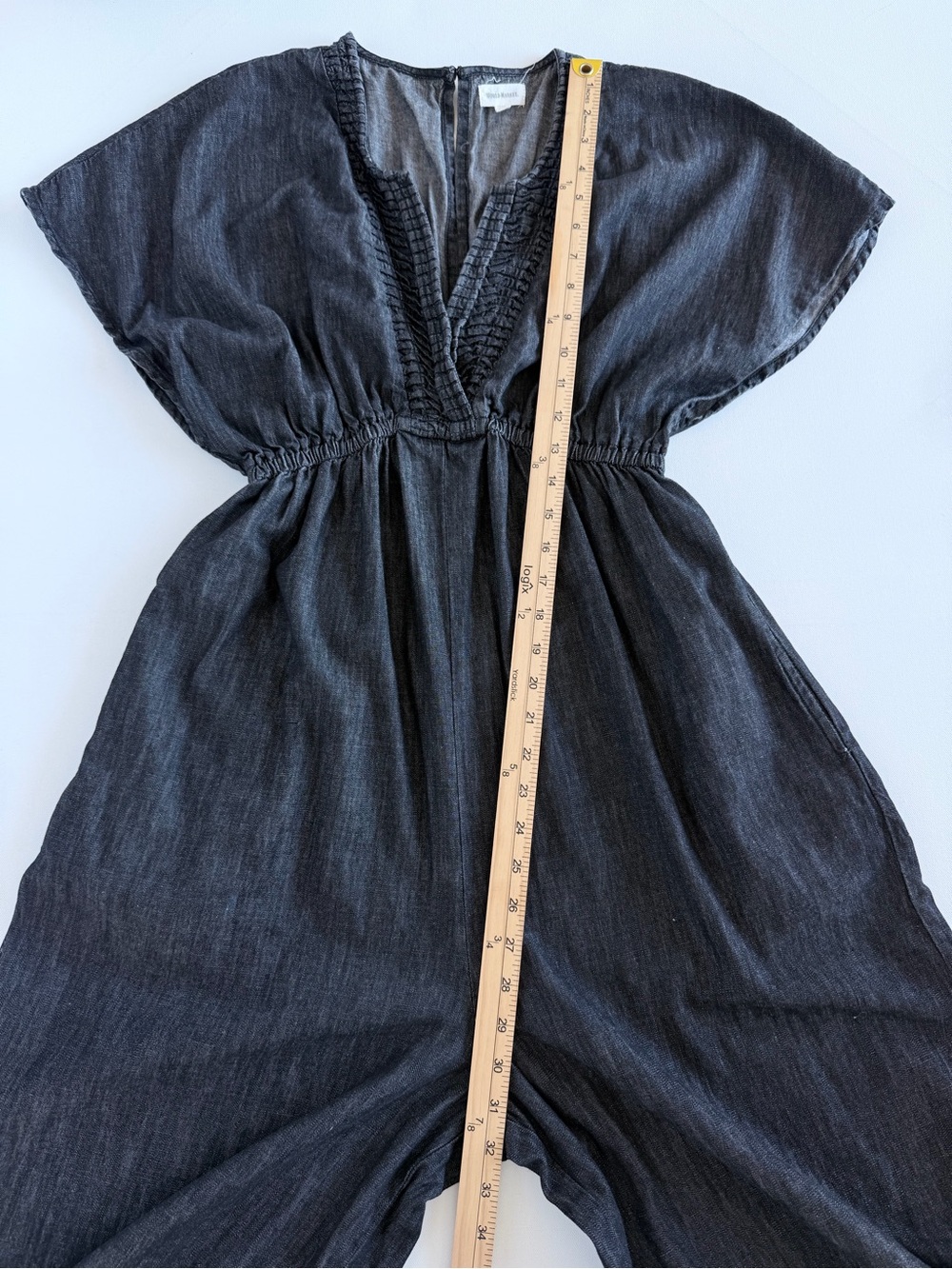 World Market Charcoal Chambray Wide Leg Jumpsuit S/M Deep V Boho Cotton - Picture 7 of 12